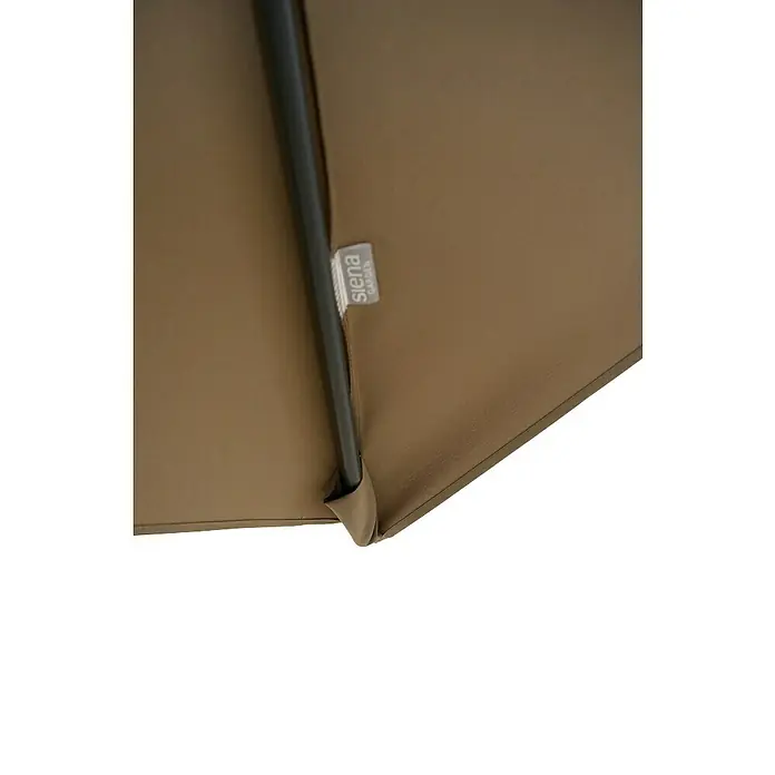 Siena Garden Ampelschirm Vito - Taupe, Bespannungsmaß (L x B): 250 x 250 cm - Nahaufnahme eines Siena Garden Sonnenschirms mit robustem Gestell und dem Markenlogo, ideal für den Garten.