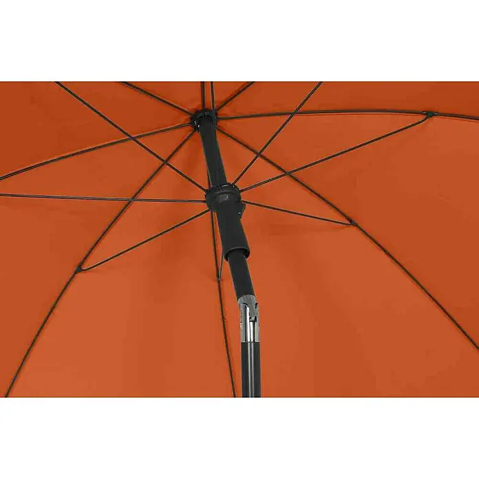 Siena Garden Marktschirm rund City Push - Terracotta, Durchmesser Bespannung: 180 cm - Detailaufnahme eines orangefarbenen Sonnenschirms mit schwarzem Gestell, der Schatten und Schutz an sonnigen Tagen bietet.