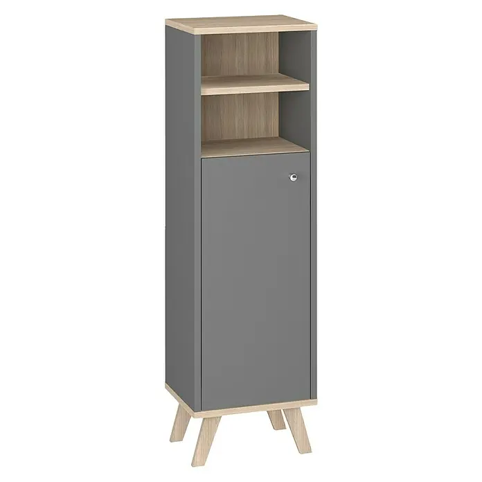Astor Midischrank - 31 x 33 x 110,5 cm, Anthrazit/Eiche Hell, 2 Ablagen - Grauer Hochschrank mit Holzdetails und Fächern oben, ideal zur Aufbewahrung im modernen Zuhause.