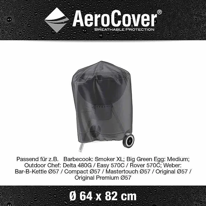Grill-Schutzhülle Aerocover - Kunststoff, 57 x 83 cm, Polyester - Bild einer AeroCover-Abdeckung für Grills, passend für verschiedene Modelle, mit den Maßen Ø 64 x 82 cm.