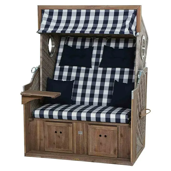 DeVries Strandkorb Trendy - L x B x H: 130 x 80 x 165 cm, Blau-Weiß (kariert) - Einladender Strandkorb mit blau-weiß kariertem Muster, dunklen Kissen und Holzelementen für gemütliche Stunden am Meer.
