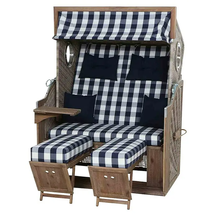 DeVries Strandkorb Trendy - L x B x H: 130 x 80 x 165 cm, Blau-Weiß (kariert) - Bild eines Strandkorbs aus Holz mit blau-weiß karierten Polstern und Markise, ideal für Garten oder Terrasse.