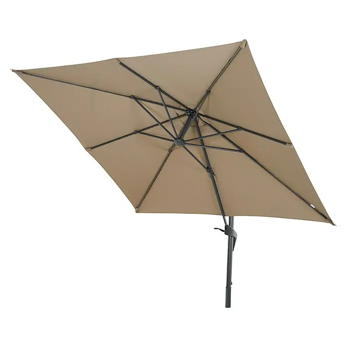 Siena Garden Ampelschirm Vito - Taupe, Bespannungsmaß (L x B): 250 x 250 cm - Aufnahme eines geöffneten, quadratischen Sonnenschirms in Beige mit schwarzem Gestell.