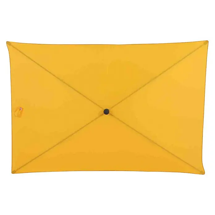 Siena Garden Marktschirm City Push - Gelb, Bespannungsmaß (L x B): 140 x 210 cm - Nahaufnahme eines gelben Sonnenschirms mit einem schwarzen Knopf in der Mitte und diagonaler Verstärkung.