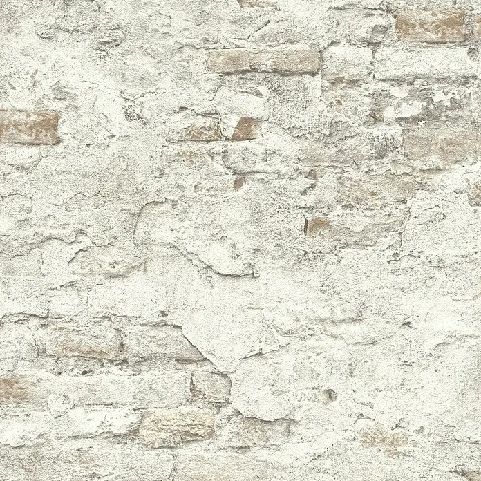 Rasch Vliestapete Bruchstein - Grau/Rostbraun, Steinoptik, 10,05 x 0,53 m - Nahaufnahme einer verputzten Backsteinmauer in Weiß, die einen rustikalen und industriellen Charme versprüht.