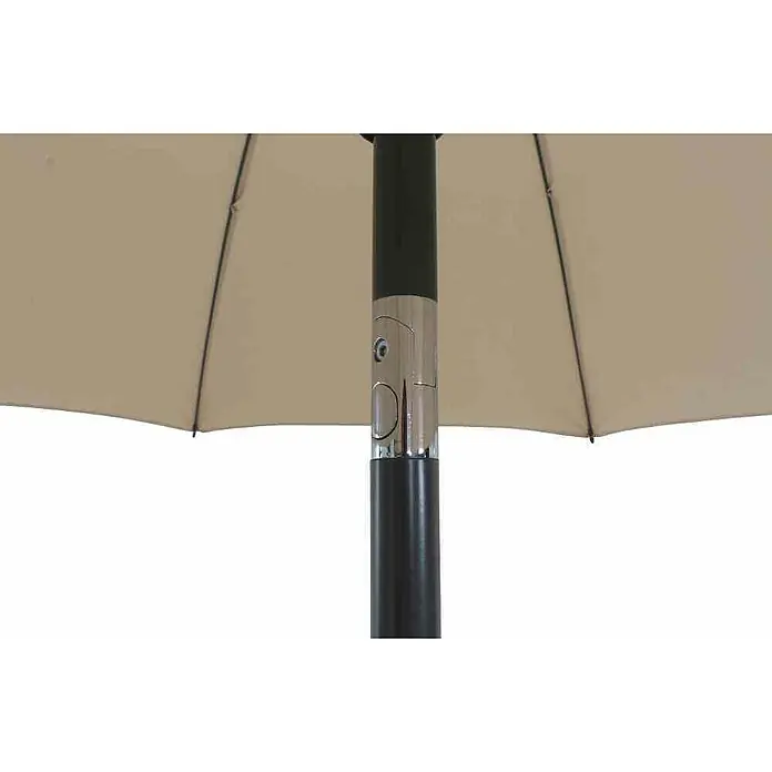 Siena Garden Marktschirm rund City Push - Natur, Durchmesser Bespannung: 180 cm - Nahaufnahme eines beigen Sonnenschirms mit schwarzem Mast und silberfarbenem Verstellmechanismus, ideal für sonnige Tage im Freien.