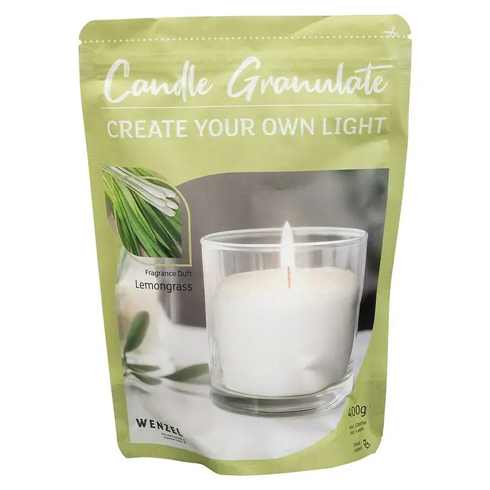Wachsgranulat - Lemongrass, 400 g, Weiß - Produktbild einer Packung Kerzengranulat "Lemongrass" mit dem Slogan "Create your own light" und einem Gewicht von 400g.