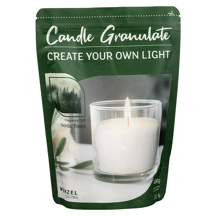Wachsgranulat - Nordic Trees, 400 g, Weiß - Abbildung einer Packung Candle Granulate "Nordic Trees" von Wenzel, mit dem Slogan "Create your own light" und dem Gewicht von 400g.