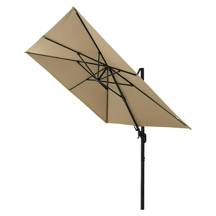 Siena Garden Ampelschirm Fagus N+ - Taupe, Bespannungsmaß (L x B): 300 x 300 cm - Hier ist ein schattenspendender rechteckiger Gartenschirm in Khaki mit schwarzem Gestell.