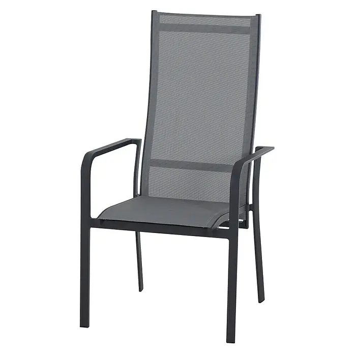 Siena Garden Stapelsessel Carlton - Ranotex-Gewebe, Stapelbar, Anthrazit, B x T x H: 60 x 63 x 113 cm - Dieser elegante, anthrazitfarbene Gartenstuhl mit Armlehnen und Netzbespannung bietet Komfort und Stil für entspannte Stunden im Freien.