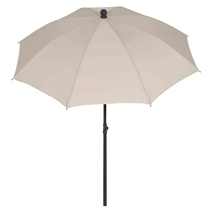 Siena Garden Marktschirm rund City Push - Natur, Durchmesser Bespannung: 180 cm - Nahaufnahme eines beigen Sonnenschirms mit schwarzem Gestell, ideal für den Garten oder die Terrasse und bietet ausreichend Schatten.