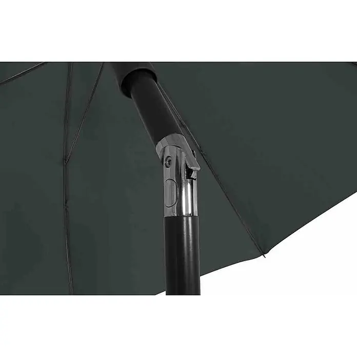 Siena Garden Marktschirm rund City Push - Anthrazit, Durchmesser Bespannung: 180 cm - Nahaufnahme eines grauen Sonnenschirms mit schwarzem Mast und silberfarbenen Beschlägen, der Schatten und Schutz vor der Sonne bietet.