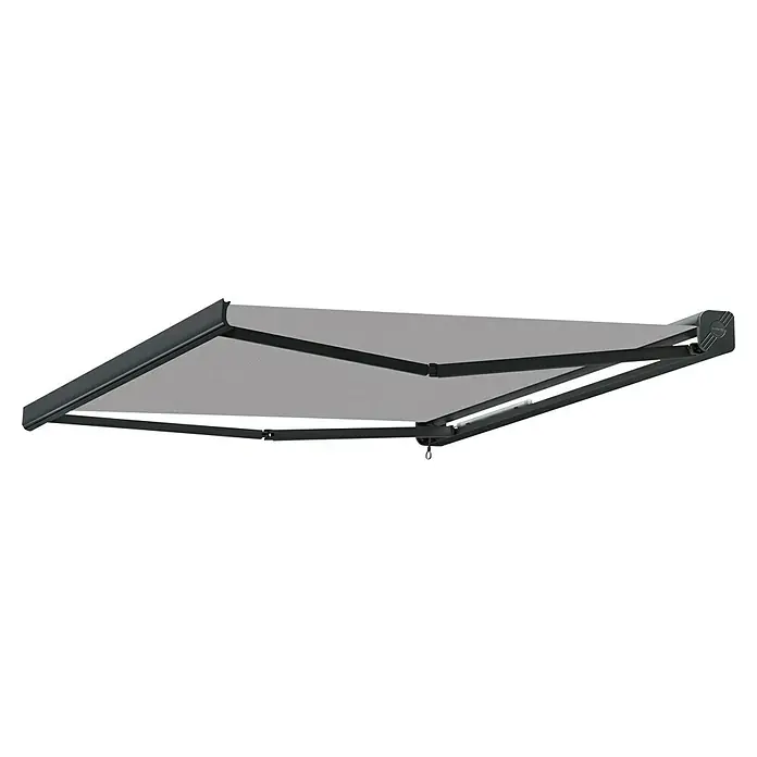SmartSun Toldo de cofre completo Dark Fiji - Gris piedra, Ancho: 3,95 m, Caída: 3 m - Se muestra un toldo retráctil gris con marco oscuro. El toldo proporciona sombra y protección contra el sol y la lluvia ligera.