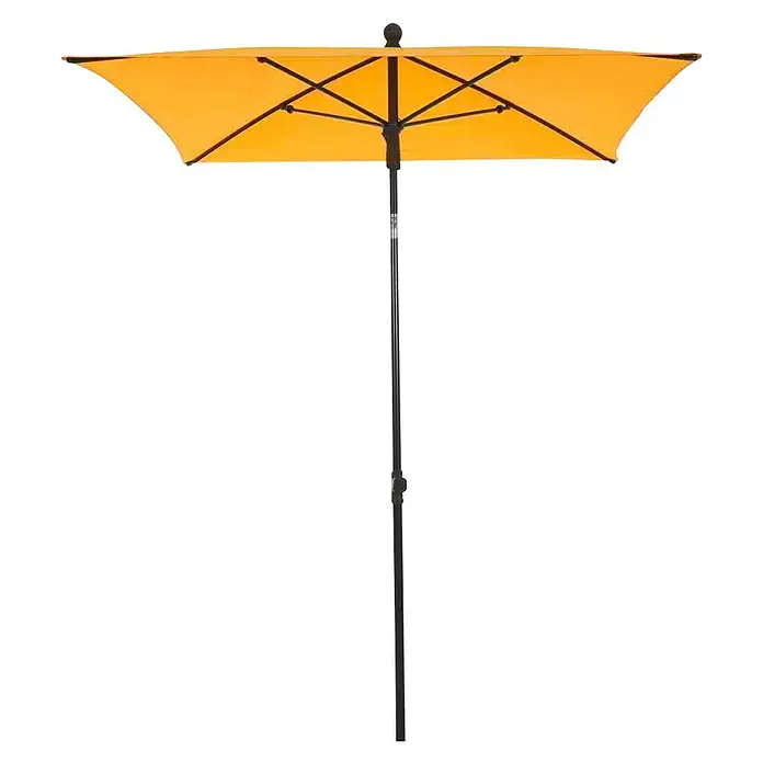 Siena Garden Marktschirm City Push - Gelb, Bespannungsmaß (L x B): 140 x 210 cm - Ein quadratischer, orangefarbener Sonnenschirm mit schwarzem Gestell bietet Schatten und UV-Schutz im Freien, ideal für Garten, Terrasse oder Balkon.