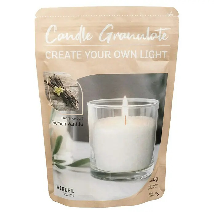 Wachsgranulat - Bourbon Vanilla, 400 g, Weiß - Abbildung einer Packung Kerzengranulat Bourbon Vanille von Wenzel mit dem Slogan "Create Your Own Light".