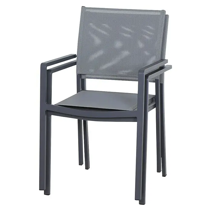 Siena Garden Stapelsessel Leeds - Ranotex-Gewebe, Stapelbar, Anthrazit, B x T x H: 58 x 54 x 88 cm - Ein grauer Stapelstuhl mit Armlehnen und einem Netzgewebe als Rückenlehne. Ideal für den Garten oder die Terrasse.