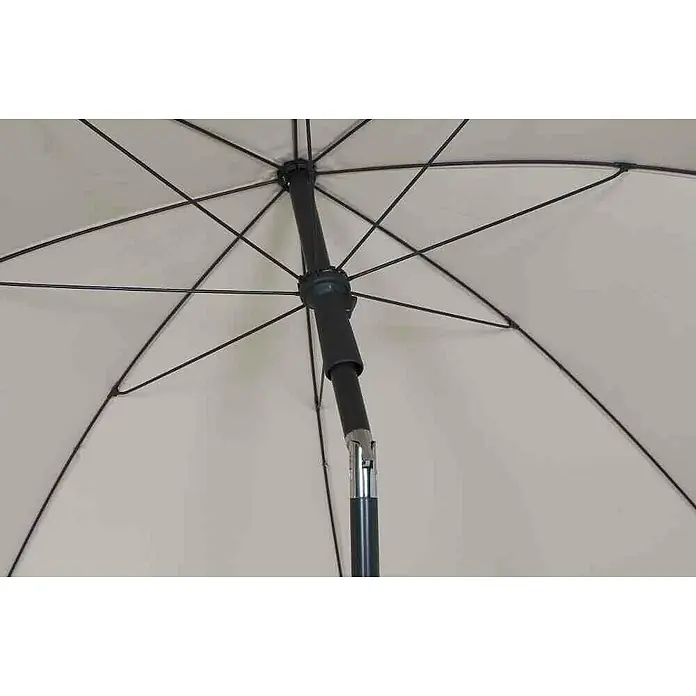 Siena Garden Marktschirm rund City Push - Natur, Durchmesser Bespannung: 180 cm - Innenansicht eines geöffneten weißen Regenschirms mit schwarzem Gestänge und Griff, der Stabilität und Schutz vor Regen bietet.