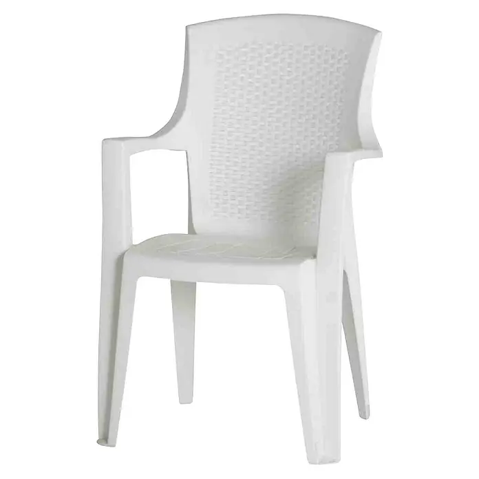 Progarden Stapelstuhl Eden - Stapelbar, Weiß, B x T x H: 55 x 46 x 91 cm - Ein weißer Plastikstuhl mit Armlehnen und einem dekorativen Rückenmuster. Ideal für Garten, Terrasse oder Balkon.