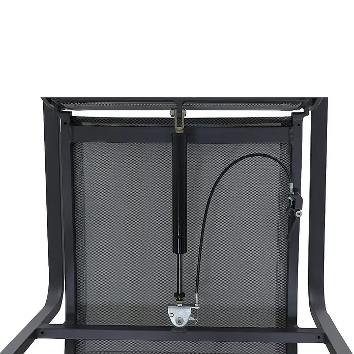 Siena Garden Stapelsessel Carlton - Ranotex-Gewebe, Stapelbar, Anthrazit, B x T x H: 60 x 63 x 113 cm - Nahaufnahme des Mechanismus eines schwarzen Schaukelsessels mit Netzstoffbespannung und Stahlrahmen.