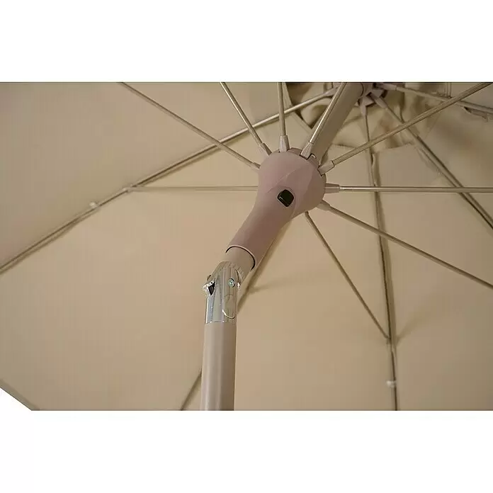 Siena Garden Marktschirm rund Paolo Push - Taupe, Durchmesser Bespannung: 270 cm - Unterseite eines geöffneten beigen Sonnenschirms mit Kippmechanismus, schwarzem Knopf, innenliegenden Speichen und Stützstange.
