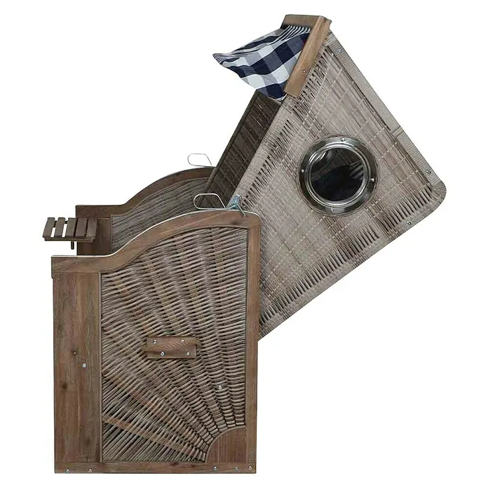 DeVries Strandkorb Trendy - L x B x H: 130 x 80 x 165 cm, Blau-Weiß (kariert) - Strandkorb im rustikalen Design mit blau-weiß kariertem Stoffdach und Bullauge, ideal für entspannte Stunden im Freien.