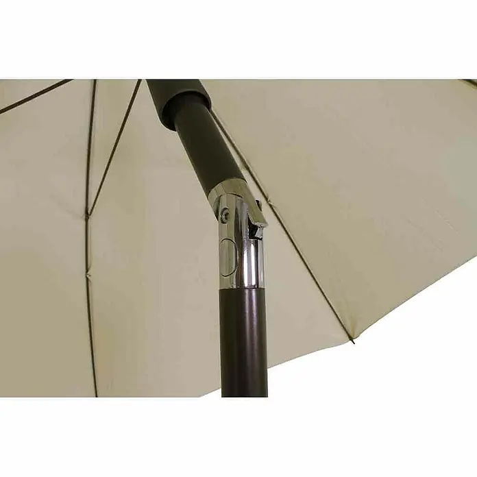 Siena Garden Marktschirm rund City Push - Natur, Durchmesser Bespannung: 180 cm - Detailansicht eines beigefarbenen Sonnenschirms mit braunem Mast und silberfarbenem Kippmechanismus, ideal für sonnige Tage im Freien.
