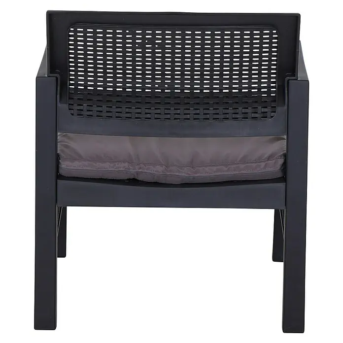 Progarden Gartenmöbel-Set Kraka - 3 -tlg., 100% Polyester, 100% Polypropylen, Anthrazit - Dunkelgrauer Rattansessel mit einem grauen Kissen. Der Sessel hat eine rechteckige Form und ein geflochtenes Rückenteil.