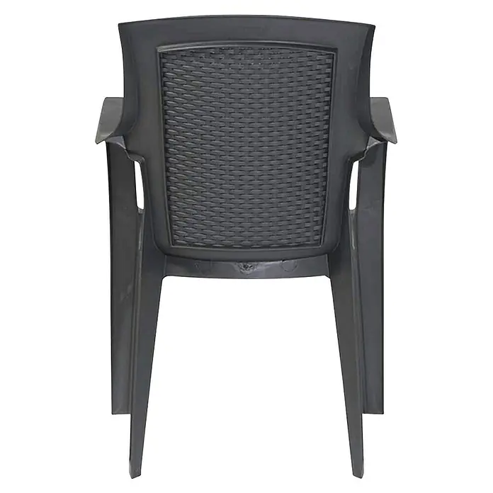 Progarden Stapelstuhl Eden - Stapelbar, Anthrazit, B x T x H: 54 x 46 x 91 cm - Hier ist ein schwarzer Plastikstuhl mit Armlehnen und einem geflochtenen Rücken, ideal für Garten oder Terrasse.