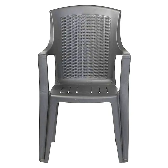Progarden Stapelstuhl Eden - Stapelbar, Anthrazit, B x T x H: 54 x 46 x 91 cm - Ein grauer, geformter Plastikarmlehnstuhl mit einem geflochtenen Design auf der Rückenlehne. Bequem und stilvoll für den Außenbereich.