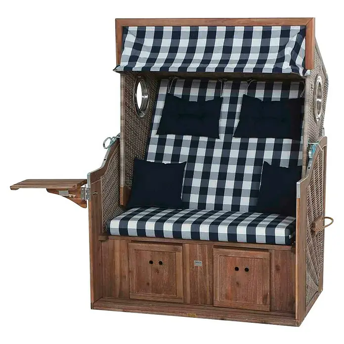 DeVries Strandkorb Trendy - L x B x H: 130 x 80 x 165 cm, Blau-Weiß (kariert) - Dieser Strandkorb bietet Komfort mit seinem blau-weiß karierten Muster, Holzrahmen und praktischem Seitentisch. Ideal für entspannte Stunden.