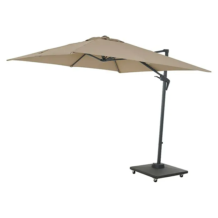 Siena Garden Ampelschirm Vito - Taupe, Bespannungsmaß (L x B): 250 x 250 cm - Ein schützender, beigefarbener Sonnenschirm mit einem stabilen, dunklen Ständer auf Rollen für flexible Schattenplätze im Freien.
