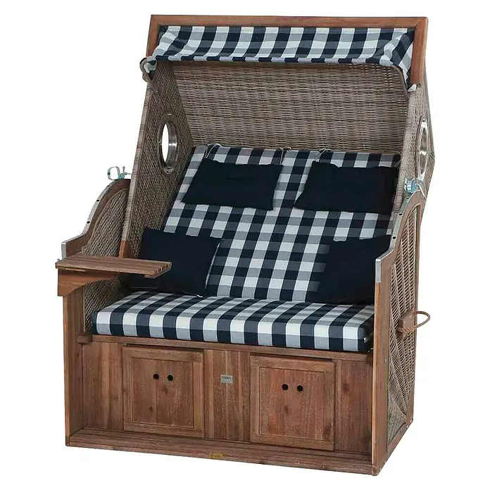 DeVries Strandkorb Trendy - L x B x H: 130 x 80 x 165 cm, Blau-Weiß (kariert) - Dieser komfortable Strandkorb bietet mit seinem karierten Design und den praktischen Ablagemöglichkeiten stilvollen Schutz vor Wind und Sonne.