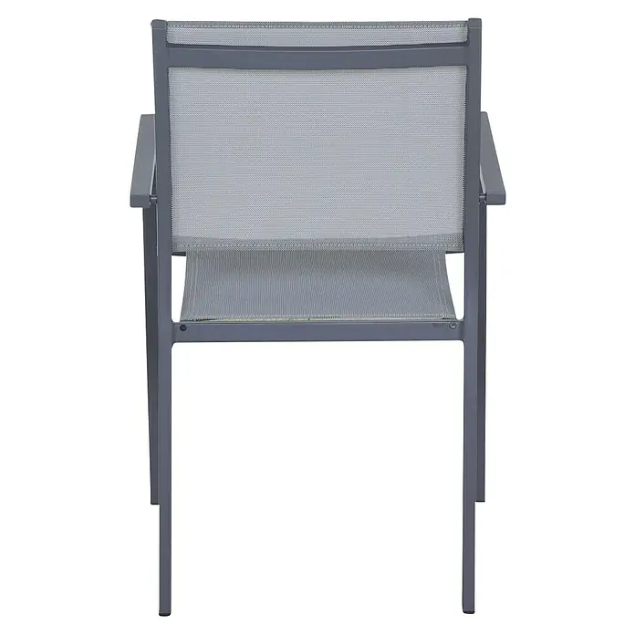 Siena Garden Stapelsessel Leeds - Ranotex-Gewebe, Stapelbar, Anthrazit, B x T x H: 58 x 54 x 88 cm - Ansicht von hinten auf einen modernen grauen Stuhl mit Netzstoffbespannung für Garten oder Terrasse, der Komfort und Stil vereint.