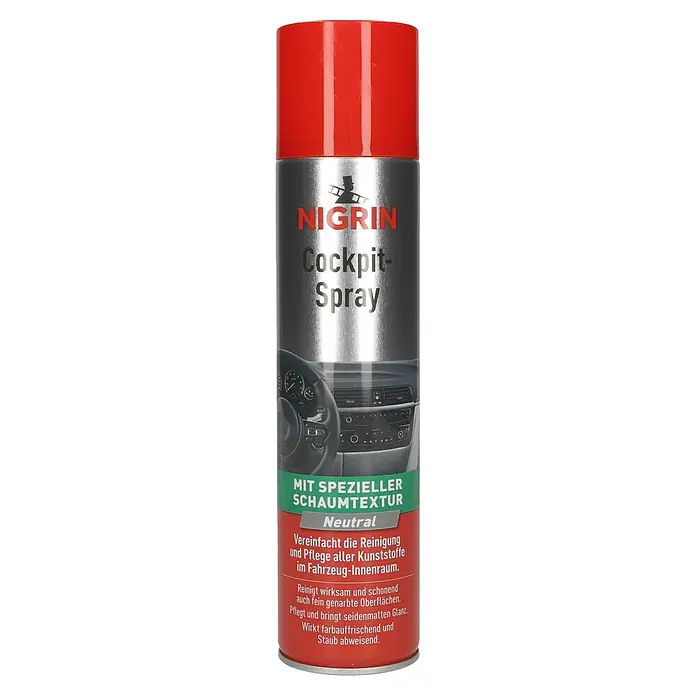 Nigrin Cockpit-Spray - 400 ml, Neutral - Abbildung einer Sprühdose Nigrin Cockpit-Spray Neutral zur Reinigung und Pflege von Kunststoffen im Fahrzeuginnenraum.