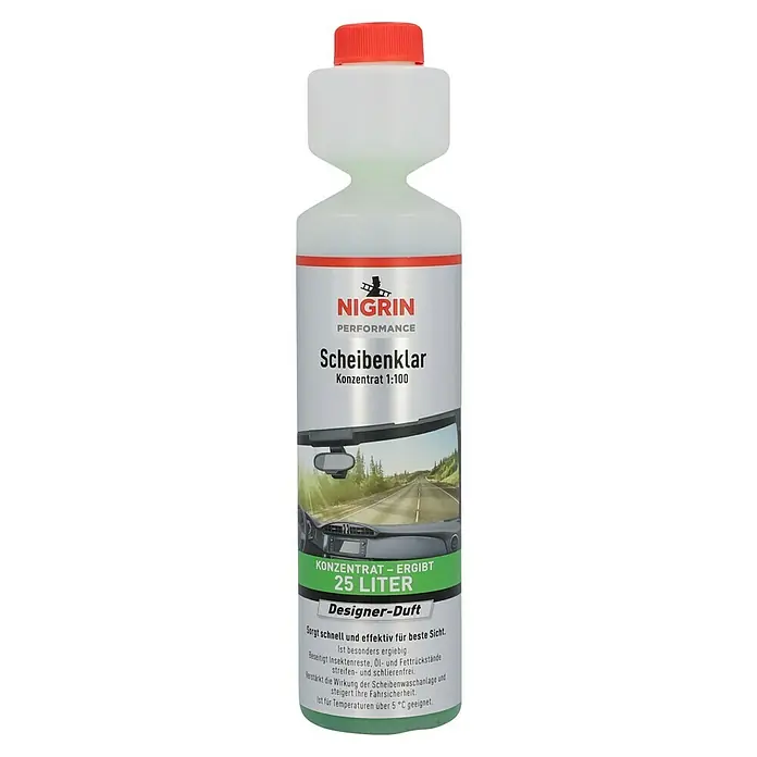 Nigrin Performance Scheibenklar Konzentrat - Mischungsverhältnis: 1:100, 250 ml, Geruchseigenschaft: Designer-Duft - Abbildung einer Nigrin Scheibenklar-Flasche, ein Konzentrat für klare Autoscheiben mit Designer-Duft, ideal für Temperaturen über 5 °C.