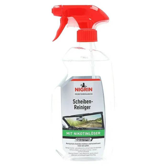 Nigrin Performance Scheibenreiniger - 500 ml - Abbildung einer Nigrin Performance Scheibenreiniger-Sprühflasche mit Nikotinlöser.