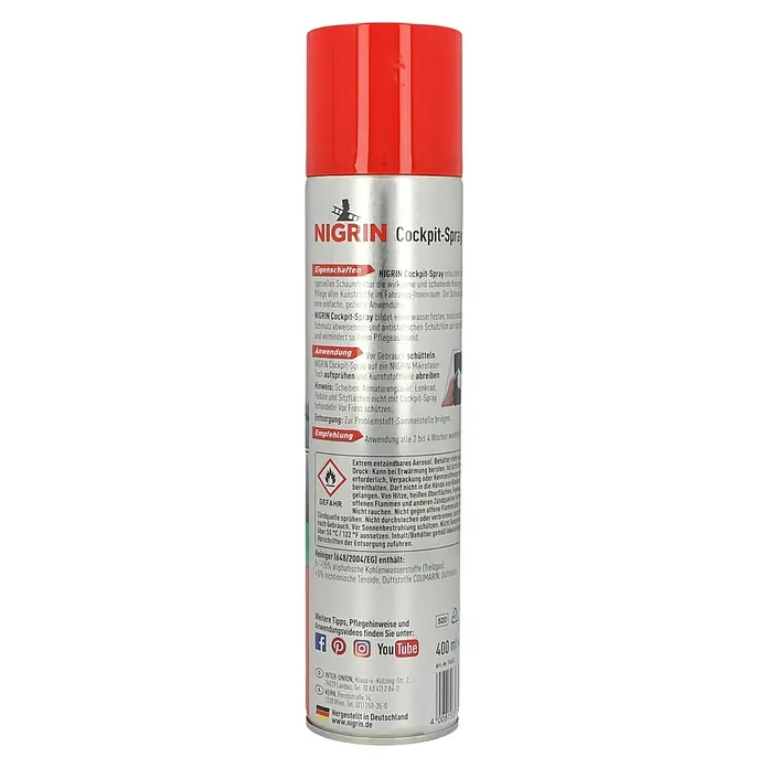 Nigrin Cockpit-Spray - 400 ml, Vanille - Dose Nigrin Cockpit-Spray für die Reinigung und Pflege von Kunststoffen im Fahrzeuginnenraum, mit Anwendungshinweisen und Sicherheitshinweisen.