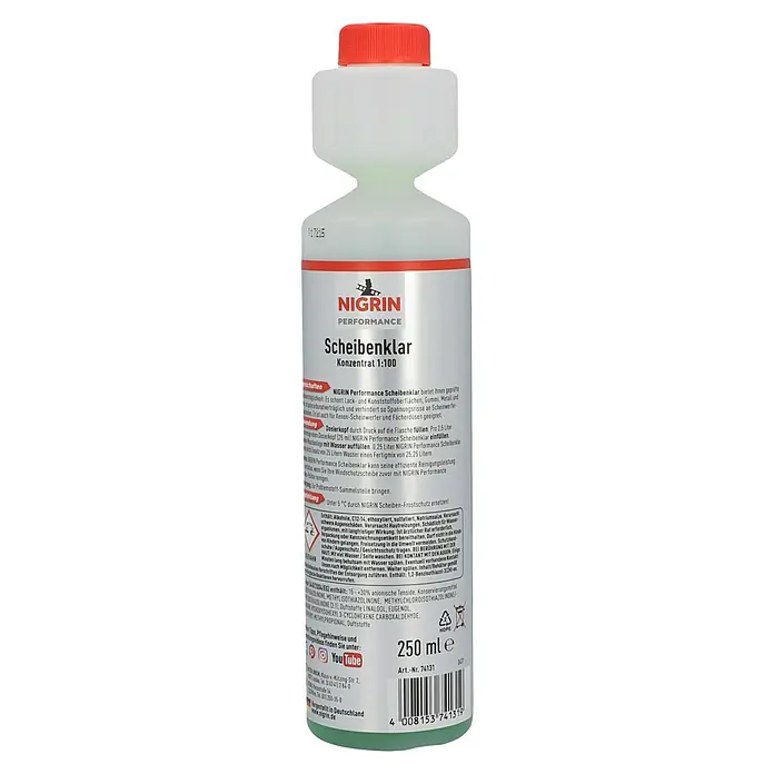 Nigrin Performance Scheibenklar Konzentrat - Mischungsverhältnis: 1:100, 250 ml, Geruchseigenschaft: Designer-Duft - NIGRIN Scheibenklar Performance Konzentrat 1:100 für die Scheibenreinigung. Schont Lack, Gummi und Kunststoff. 250 ml.