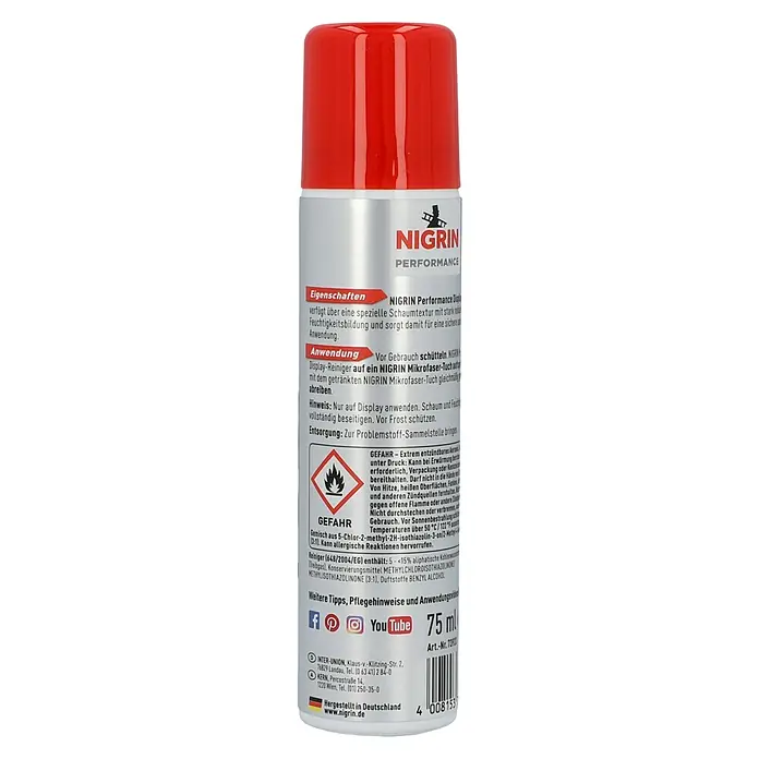 Nigrin Performance Display-Reiniger - 75 ml - Abbildung einer Nigrin Performance Displayschaumdose. Ideal für die Reinigung und Pflege von Bildschirmen, entfernt schonend Staub und Fingerabdrücke.