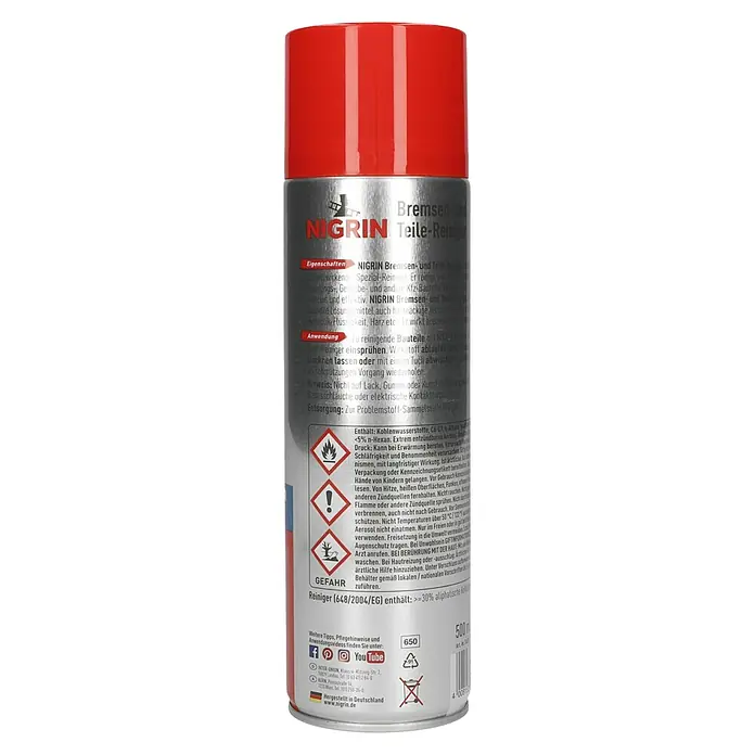 Nigrin Bremsen- & Teilereiniger - 500 ml - Dose Nigrin Bremsen- und Teilereiniger. Das Produkt dient zur Reinigung von Bremsen und Teilen im KFZ-Bereich und entfernt effektiv Verschmutzungen.
