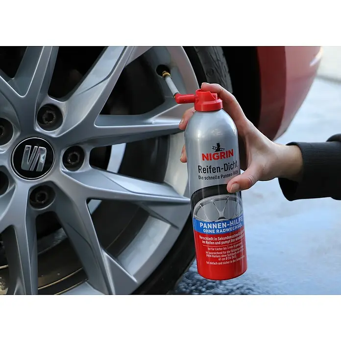 Nigrin Reifen-Dicht - 500 ml - Reifenreparatur mit Nigrin Reifendichtmittel. Schnelle Pannenhilfe ohne Radwechsel für Reifen bis 3 mm. Praktisch und einfach anzuwenden.