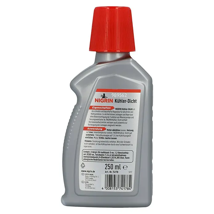 Nigrin Kühler-Dicht - 250 ml - Flasche Nigrin Kühler-Dicht, ein Kühlmittelzusatz zur Reparatur von Kühlkreisläufen, mit rotem Deckel und Etikett mit Produktinformationen.