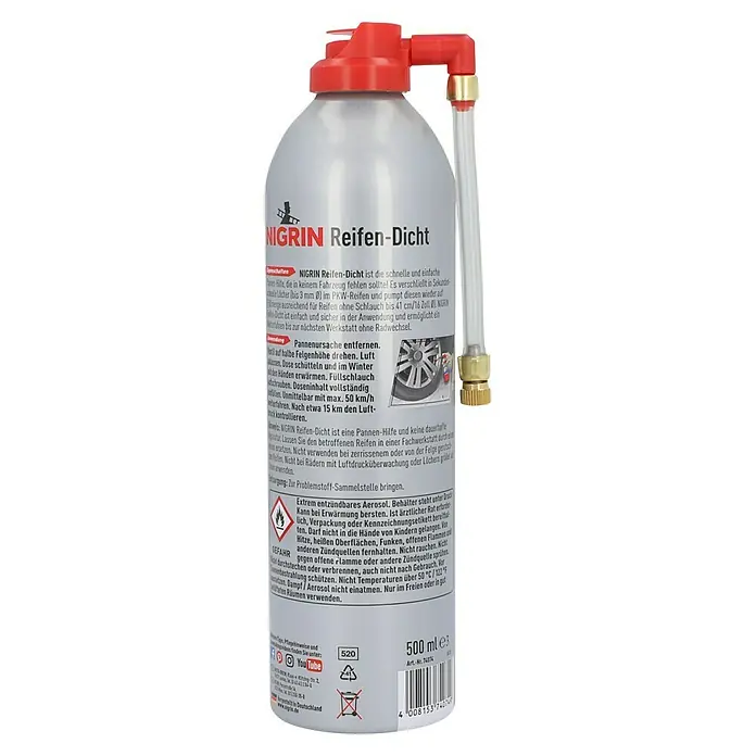 Nigrin Reifen-Dicht - 500 ml - NIGRIN Reifen-Dicht: Schnelle Pannenhilfe für PKW-Reifen. Verschließt Löcher bis 3 mm & pumpt Reifen auf. Ermöglicht Weiterfahrt zur Werkstatt.