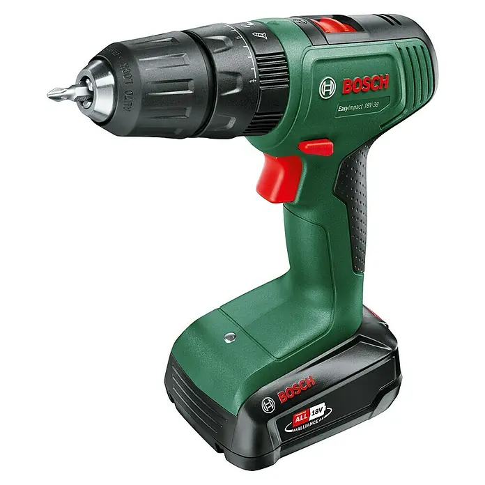 Bosch Power for All 18V Akku-Schlagbohrschrauber EasyImpact 18V-38 - 18 V, 1 Akku, 2 Ah, 38 Nm - Akku-Bohrschrauber von Bosch, Modell EasyImpact 18V-38, mit grüner und schwarzer Farbgebung und rotem Auslöser.