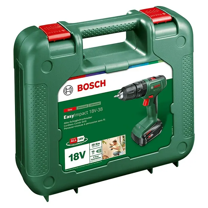 Bosch Power for All 18V Akku-Schlagbohrschrauber EasyImpact 18V-38 - 18 V, 1 Akku, 2 Ah, 38 Nm - Akku-Schlagbohrschrauber Bosch EasyImpact 18V-38 im grünen Tragekoffer mit rotem Verschluss. Ideal für Heimwerker und Profis.