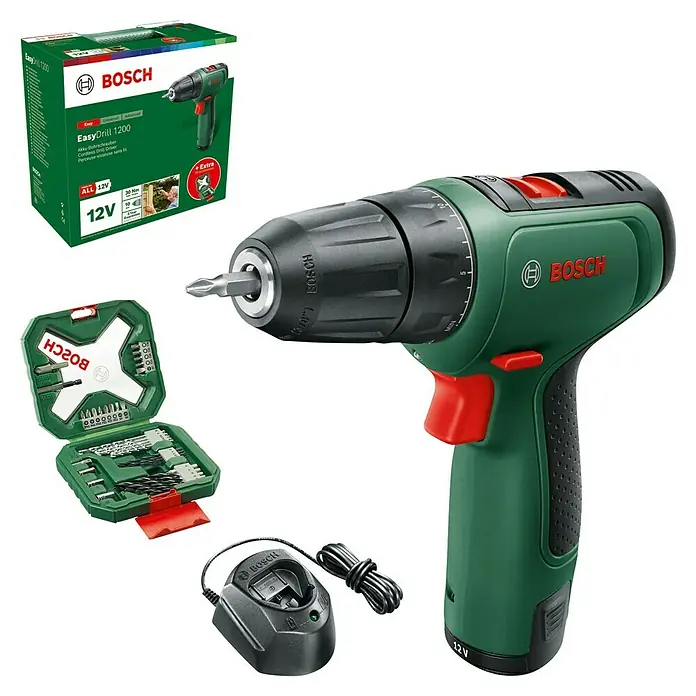 Bosch Power for All 12V Akku-Bohrschrauber EasyDrill 1200 - 12 V, 1 Akku, 1,5 Ah, 30 Nm - Abbildung eines Bosch EasyDrill 1200 Akku-Bohrschraubers mit Zubehör, ideal für Heimwerkerprojekte und Reparaturen im Haus.