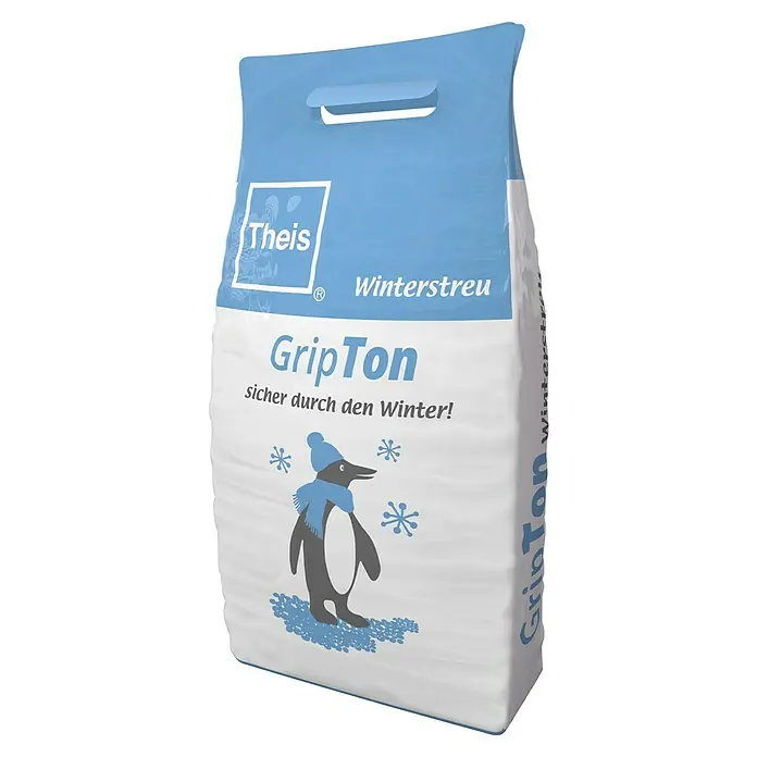 Winterstreu GripTon - 10 l, Sack - Abbildung einer Packung Theis GripTon Winterstreu, die für sicheren Halt im Winter sorgt, mit einem Pinguin mit Mütze und Schal aufgedruckt.