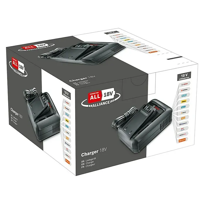 Bosch Cargador rápido AL 18V-44 - Específico para: Herramientas Bosch Power for All 18V - Embalaje para un cargador "ALL 18V". El cargador es compatible con baterías de varias marcas.