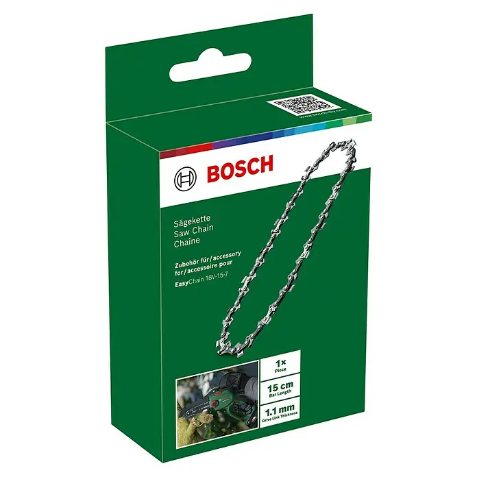 Bosch Power for All 18V Sägekette EasyChain 18V-15-7 - Passend für: Bosch Power for All 18V Akku-Kettensäge EasyChain 18V-15-7 - Das Bild zeigt die Verpackung einer Bosch Sägekette für die EasyChain 18V-15-7, ein Zubehör für Kettensägen mit einer Länge von 15 cm.