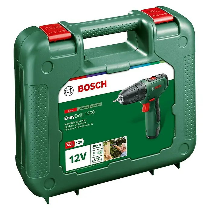 Bosch Power for All 12V Akku-Bohrschrauber EasyDrill 1200 - 12 V, 1 Akku, 1,5 Ah, 30 Nm - Der Bosch EasyDrill 1200 Akku-Bohrschrauber im grünen Koffer, ein unverzichtbares Werkzeug für Heimwerker.